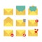 Yellow envelope, open and closed cartoon icon set.