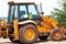 Yellow excavator, bulldozer machine and worker tractor. Road works. Road machinery at construction site.