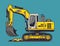 Yellow excavator digging ground on construction area