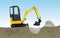 Yellow excavator digs hole. Bagger is excavating, ground works.