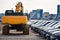 Yellow excavator near a row of new red cars on the street