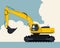 Yellow excavator, sky with clouds in background. Banner layout with earth mover.