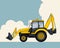 Yellow excavator, sky with clouds in background. Banner layout with earth mover.