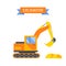 Yellow excavator special machinery vehicle loader bulldozer flat vector illustration.