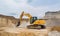 Yellow excavator towering over construction site with claw in action Creating using generative AI tools