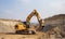 Yellow excavator towering over construction site with claw in action Creating using generative AI tools