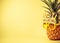 Yellow fancy glasses on fresh pineapple, copy space on left, summer birthday concept, retro color