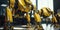 Yellow fantasy industrial robots in action, AI generative image