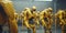 Yellow fantasy industrial robots in action, AI generative image