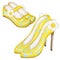 Yellow fashion women`s on the high heels and girl shoes set. Smart luxury lady and kids shoe collection. Painted hand