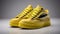 Yellow faux leather sneakers with dragon elements, trendy color and fashionable style, shoe store