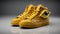 Yellow faux leather sneakers with dragon elements, trendy color and fashionable style, shoe store