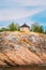 Yellow Finnish Lookout Wooden House On Island In