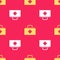 Yellow First aid kit icon isolated seamless pattern on red background. Medical box with cross. Medical equipment for