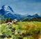 Yellow floral summer meadow on a background of blue snow-capped mountains. Blue sky. Mountain landscape oil painting. Impressionis