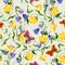 Yellow flower, bluebell, butterflies. Repeating floral pattern