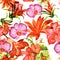 Yellow Flower Decor. Orange Hibiscus Foliage. Autumn Tropical Palm. Red Exotic Texture . Seamless Background. Pattern Print. Summe
