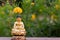 A yellow flower hanging as umbrella over a small Buddha statue for divinity and religion concept