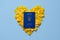 Yellow flowers on blue background. Heart. Heart shaped. Holiday background. Ukrainian passport. flag