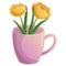 Yellow flowers with green leaf in pink cup. Romantic bloom design. Elegant decoration. Spring season. Isolated flat