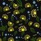 Yellow flowers and petals on a black background and small peas seamless pattern