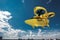 Yellow flying taxi against the sky, city electric transport drone. Car with propellers, clean air, fast ride. Mixed media, copy