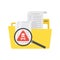 Yellow folder with files and documents. Antivirus software searching spam and viruses. Big magnifying glass with red warning mark