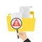 Yellow folder with files and documents. Antivirus software searching spam and viruses. Hand holding magnifying glass. Red warning