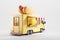 Yellow food truck with kitchen, hot dog on light background