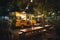 Yellow Food Truck Parked by Picnic Table, A cozy food truck with a cozy atmosphere, serving up comforting dishes like mac and