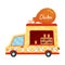 Yellow food truck with a pattern of inscriptions Chicken. Vector illustration on a white background.