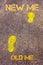 Yellow footsteps on sidewalk from Old Me to New Me messages.Evolution Concept image