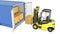 Yellow fork lift truck unloads cargo container