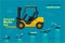 Yellow forklift. Blue infographic set, ground works blue machines vehicles.