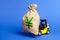 Yellow forklift carries a money bag with Yen or yuan symbol. Concept of a major contract, profitable deposit or loan. Payment