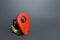 Yellow forklift carries a red location pin pointer. Transportation services and logistics, warehouse management. Real-time