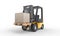 Yellow forklift moving and lifting up cardboard box pallet on white background. Transportation and Industrial concept. Shipment