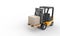 Yellow forklift moving and lifting up cardboard box pallet on white background. Transportation and Industrial concept. Shipment