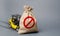 Yellow forklift truck can not lift the bag with the symbol NO. Economic pressure and sanctions. trade wars, stagnation