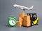 Yellow Forklift truck with cardboard boxes, a airmail plane and a alarm clock. Express delivery concept. Temporary storage