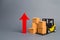 Yellow Forklift truck with cardboard boxes and a big red arrow up. increase in trade between countries, popularity of national