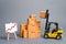 Yellow Forklift truck with cardboard boxes and a red arrow up. Increase sales, production of goods. Improving consumer sentiment