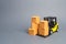 Yellow Forklift truck with cardboard boxes. Service storage of goods in a warehouse, delivery and transportation. Freight shipping