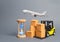 Yellow Forklift truck with cardboard boxesa airmail plane and a sand hourglass. Express delivery concept. Optimization