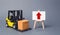 Yellow Forklift truck carries a box next to an easel with a red up arrow. Increasing the pace of production of goods and services