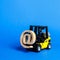 Yellow Forklift truck carry email symbol commercial AT. Integration of the industry into network technologies and Internet.