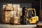 Yellow Forklift in Warehouse, Efficient Equipment for Industrial Operations, Forklift stuffing-unstuffing pallets of cargo to