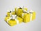 Yellow four gift tied with silver ribbon 3D render on gray background with shadow