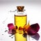 Yellow fragrant massage oil in a glass bottle on white background, Generative AI, generative artificial intelligence