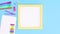 Yellow frame for text and school stationery appear on blue theme. Back to school stop motion